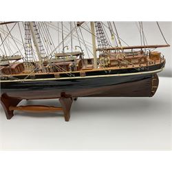 20th century scratch built model of a three mast ship, with stand, H66cm, L93cm