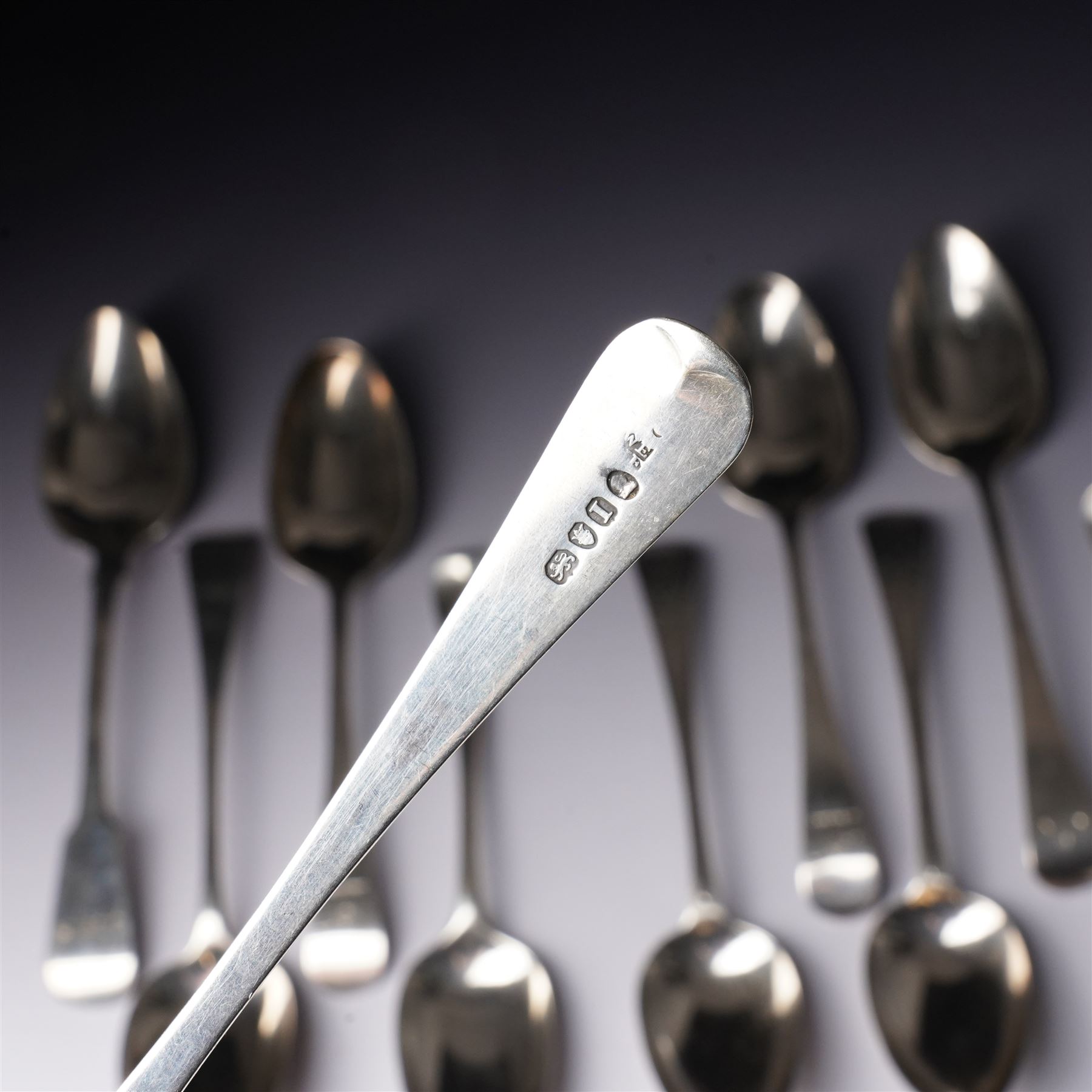 Pair of George III silver table spoons with engraved decoration London 1809 Maker Hester Bateman and eight other 19th century silver table spoons, various dates and makers (10) 