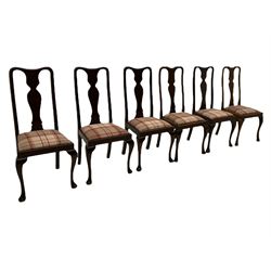 Mixed set of twelve early 20th century mahogany Queen Anne style dining chairs, all with shaped vase backs and cabriole front supports, matching drop-in seats upholstered in tartan patterned fabric