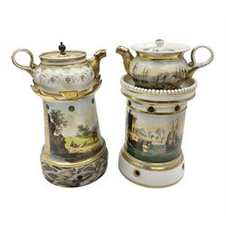 Two 19th century continental teapots and warmers, each teapot upon a cylindrical warming base, hand printed with seascapes, largest H22cm 