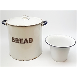 A large Vintage enamel twin handled bread bin and cover, H38cm. 