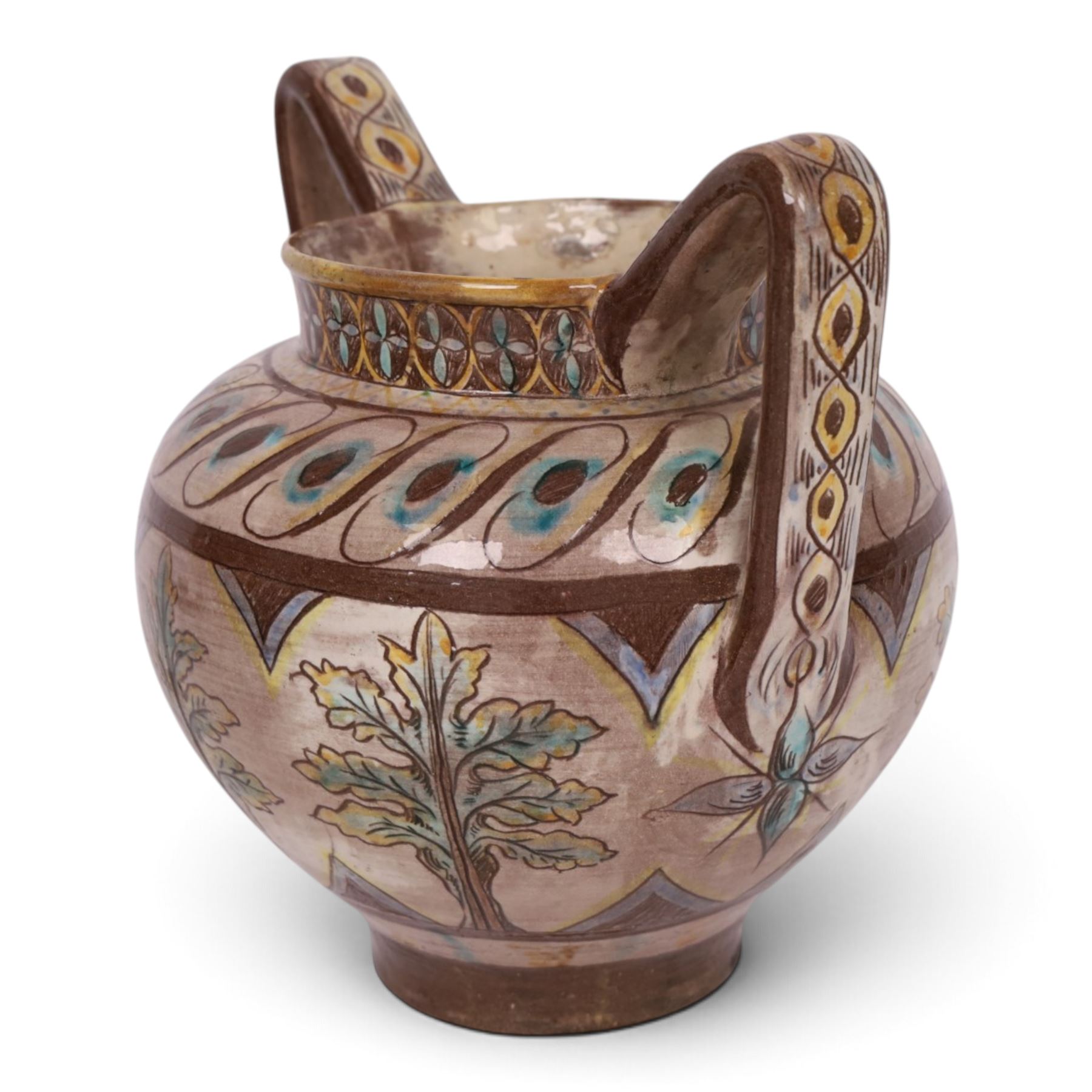 William De Morgan twin handled vase, sgraffito-decorated with turquoise and yellow trees, within a brown boarder, with a repeating floral boarder to the neck, with signed and impressed marks beneath, H21cm