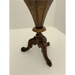 Victorian inlaid rosewood work sewing box, curved trumpet form with circular hinged lid inlaid with warrior woman on horse surrounded by trailing foliate, fitted interior, on scrolled carved splayed supports