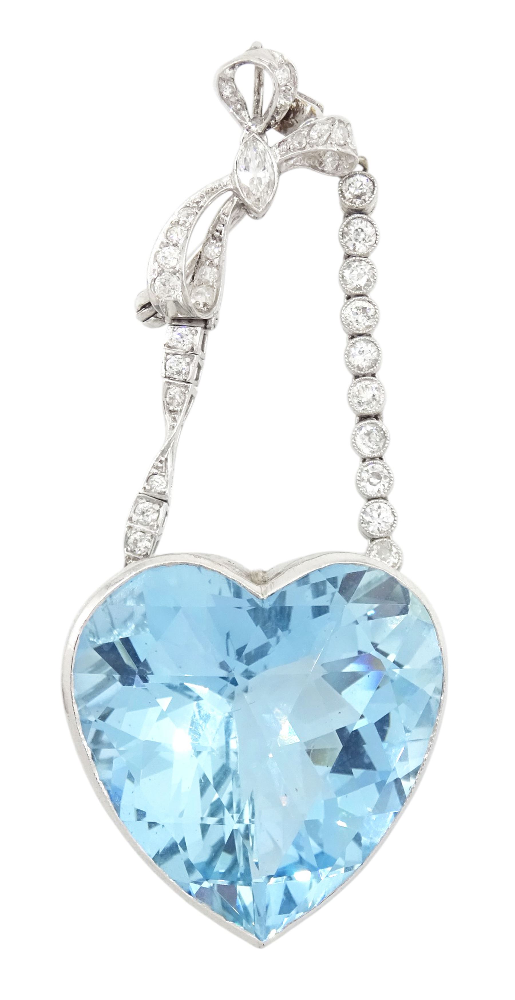 Platinum aquamarine and diamond pendant / brooch, the large faceted heart cut aquamarine, mounted within an openwork heart design gallery, suspending from a polished and milgrain set old cut diamond pendant, with bow design brooch top, set with further old cut diamonds and a single marquise cut diamond, in fitted velvet and silk lined box by Bloom & Sons, London, aquamarine approx 55.00 carat, total diamond weight approx 0.60 carat