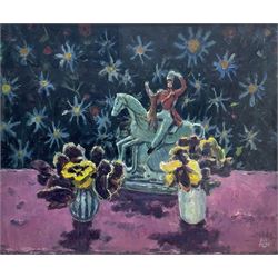 John Miller RSA PRSW (Scottish 1911-1975): 'Staffordshire Figure and Pansies', oil on canvas board signed 48cm x 59cm 
Provenance: with Christie's Scotland, 17th April 1991, Lot 119