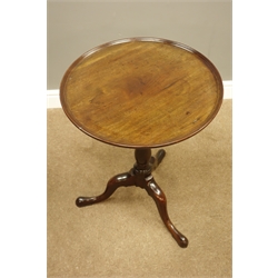  George III mahogany wine table, circular dished tilt top on collar turned vase shaped column, three outplayed supports, D50cm, H70cm  