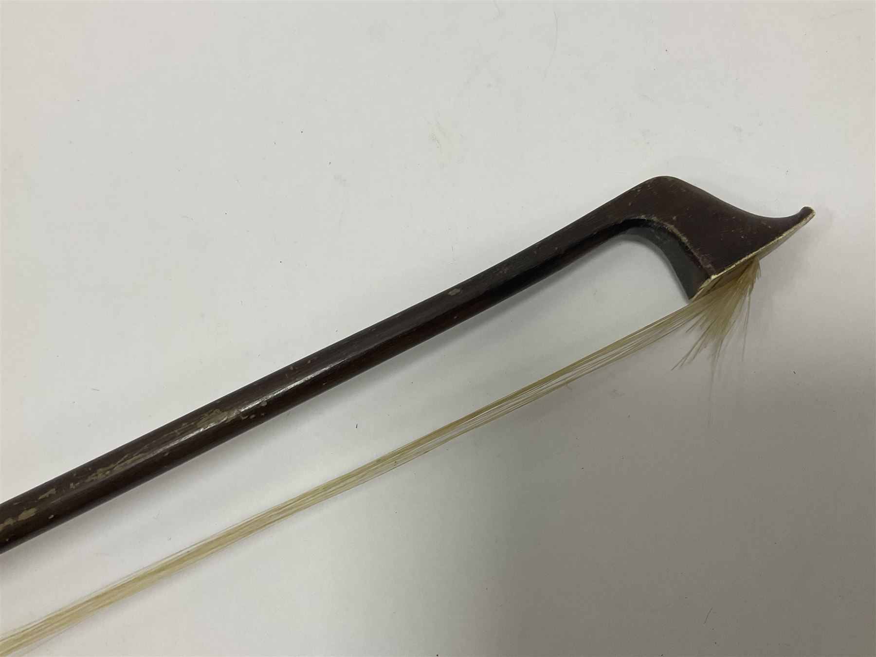 Wooden double bass bow with a mother of pearl inlay to the frog Length 71cm