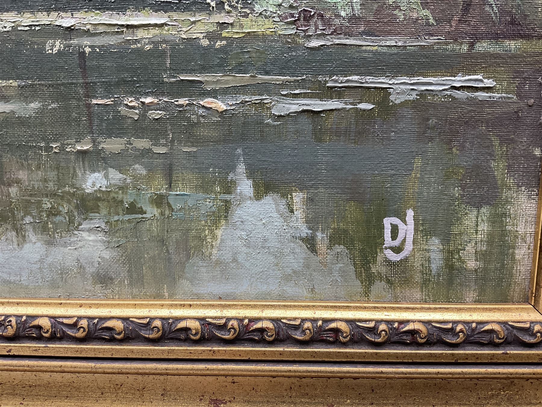 DJ (British 20th Century): ‘The Pools in May’, oil on board signed with initials, titled verso 40cm x 50cm