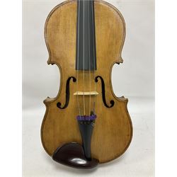 Copy of a full size Stradivarius violin, with an ebonised fretboard, tailpiece and tuning pegs, with a polished chin rest  Length 60cm
