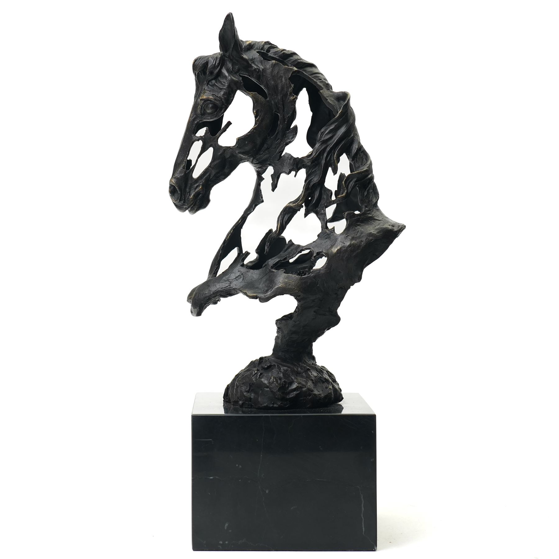 Stylised horse head, bronze, signed Gadi and bearing foundry mark, upon black stone square plinth, overall H41cm
