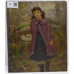  Ralph Hedley (Staithes Group 1851-1913): Girl in a Purple Cape by a Field Gate, oil on board initialled 25cm x 21cm (unframed)  