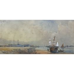 After Thomas Bush Hardy (British 1842-1897): Beached Ship and Figures near Dock, watercolour signed 'T B Hardy' 16cm x 34cm