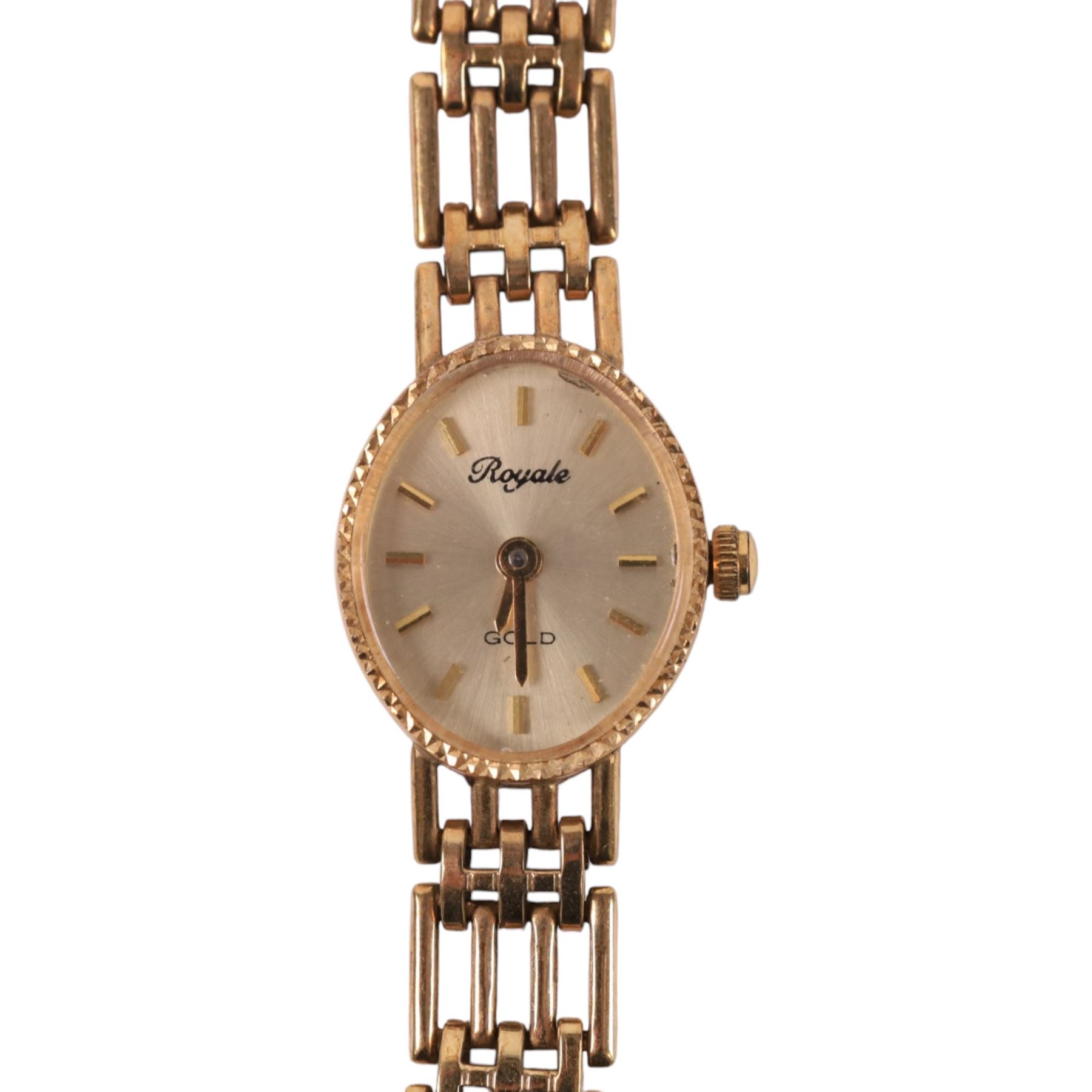 Royale ladies 9ct gold quartz wristwatch, on integral 9ct gold bracelet, hallmarked