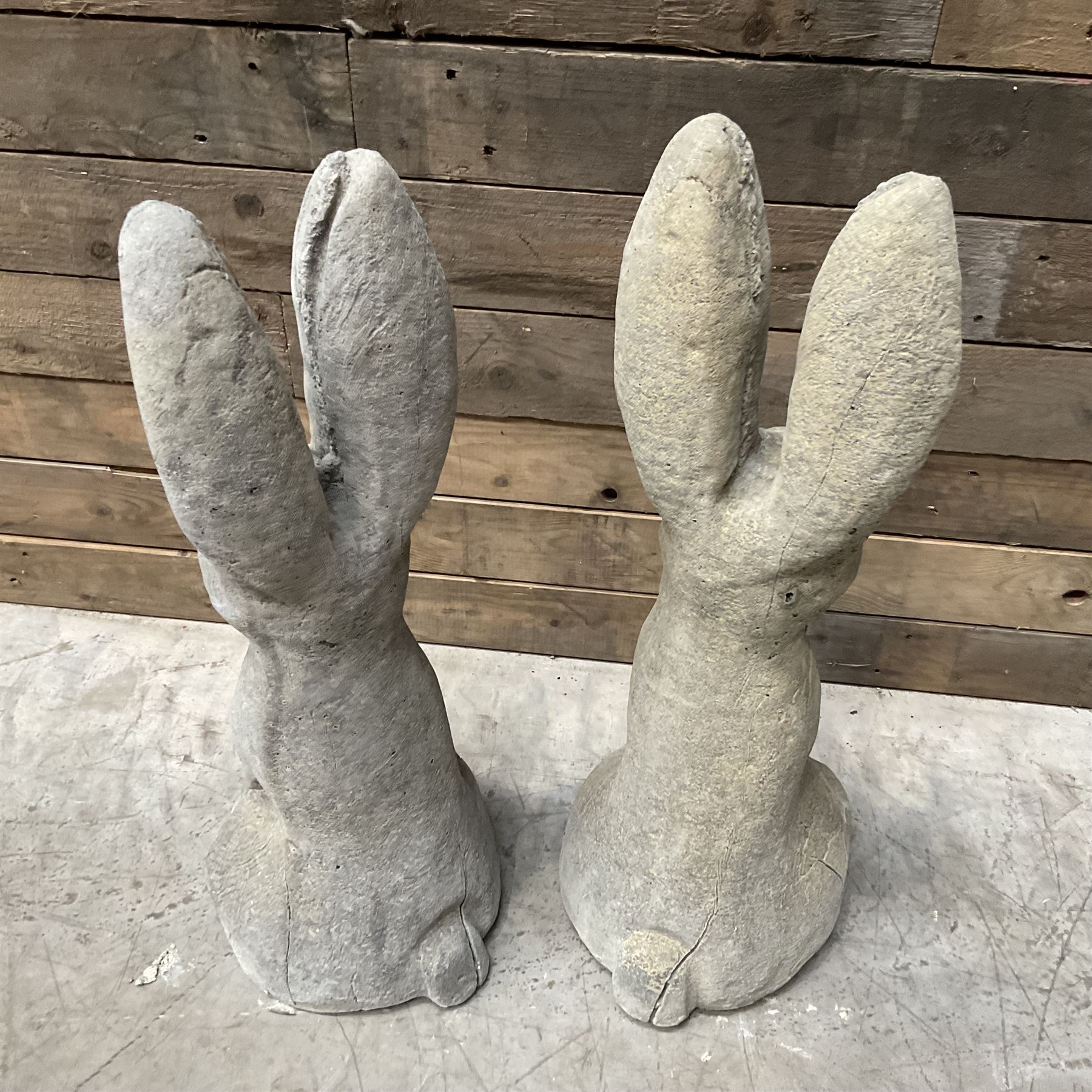 Pair cast stone garden sitting Woody Hares