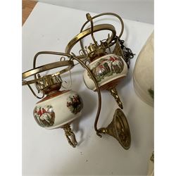 Ceramic hanging light fittings decorated with fox hunting scenes with brass fixtures, ceramic beer pulls decorated with hunting scenes and ceramic whisky barrel decorated with a pheasant