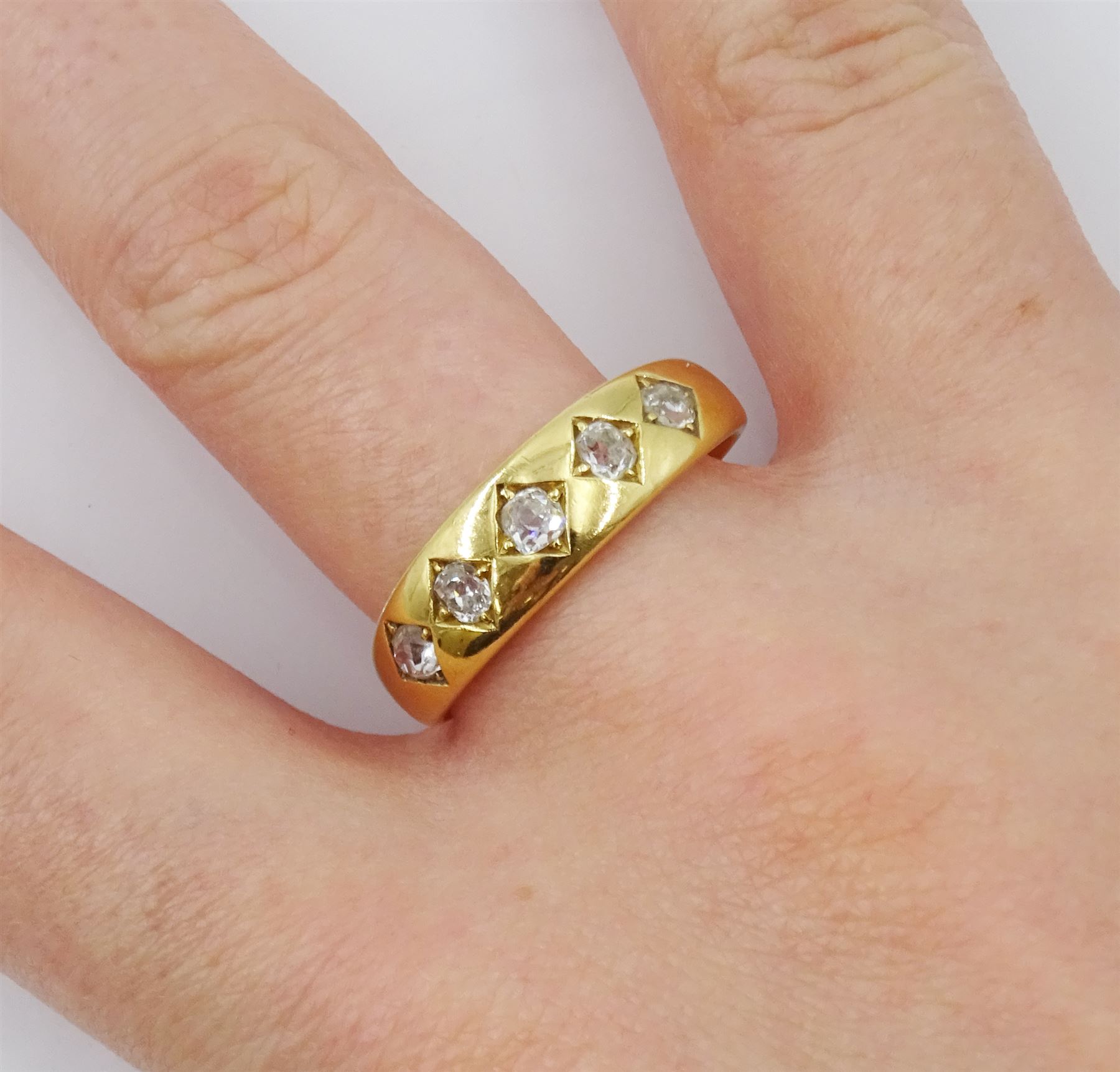 Victorian 18ct gold gypsy set five stone old cut diamond ring, Birmingham 1876, total diamond weight approx 0.40 carat