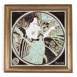 Set of Maw & Co tiles, The Four Seasons: Art Nouveau in style and a similar framed set of five green tiles