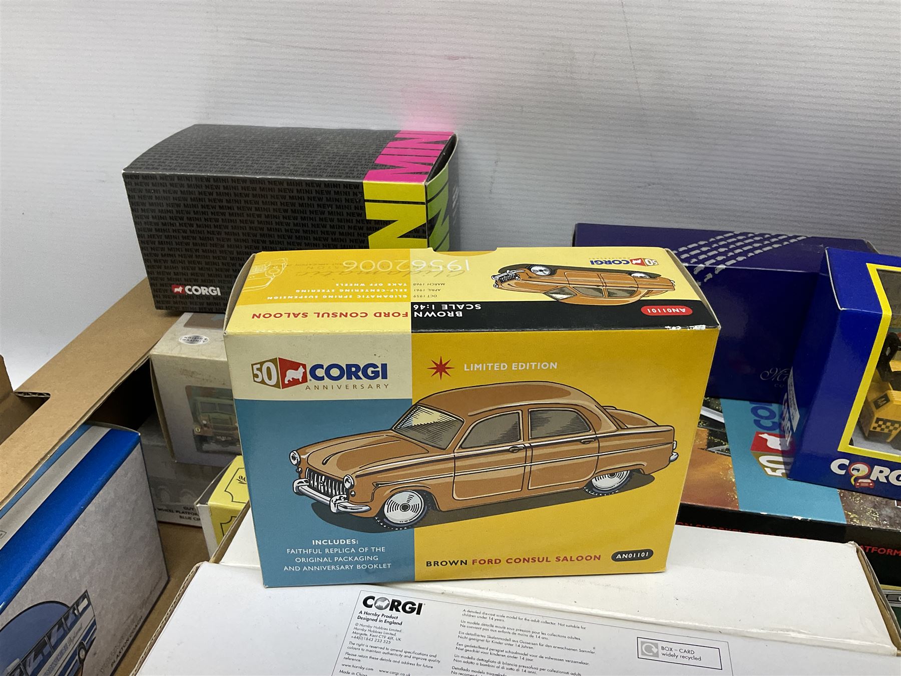 Corgi Limited Edition scale die-cast models including a Ford Transit Wrecker - AA, 50th Anniversary 1:50 scale model; AN13009 Dennis F125 Simon Snorkel SS263,  limited edition 1:50 scale Austin 4 wheel Platform Lorry in BRS livery, Guy Invincible 8 Wheel Platform Lorry and others, all boxed (20)