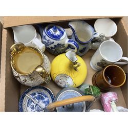 Assorted decorative ceramics, to include pair of Crown Ducal Ware vases decorated with birds upon a flowering branch, Oriental tea wares, various figures including a Capodimonte figure group of birds, etc., in two boxes 