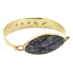 9ct gold oval Picasso jasper wide bangle by C W Sellors, Sheffield 2003