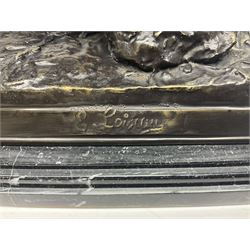 After E Loiscay, bronzed figure group, modelled as two race horses, signed E Loiscay, upon a stepped marble plinth, overall H28cm