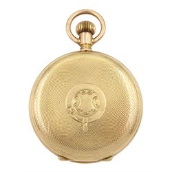 Early 20th century 10ct gold full hunter keyless lever 'Ensign' pocket watch by American Watch Company, Waltham, No. 11213034, white enamel with Roman numerals and subsidiary seconds dial, case makers mark AL stamped 10C, later hallmarked 9ct by Sheffield Assay Office, 2015