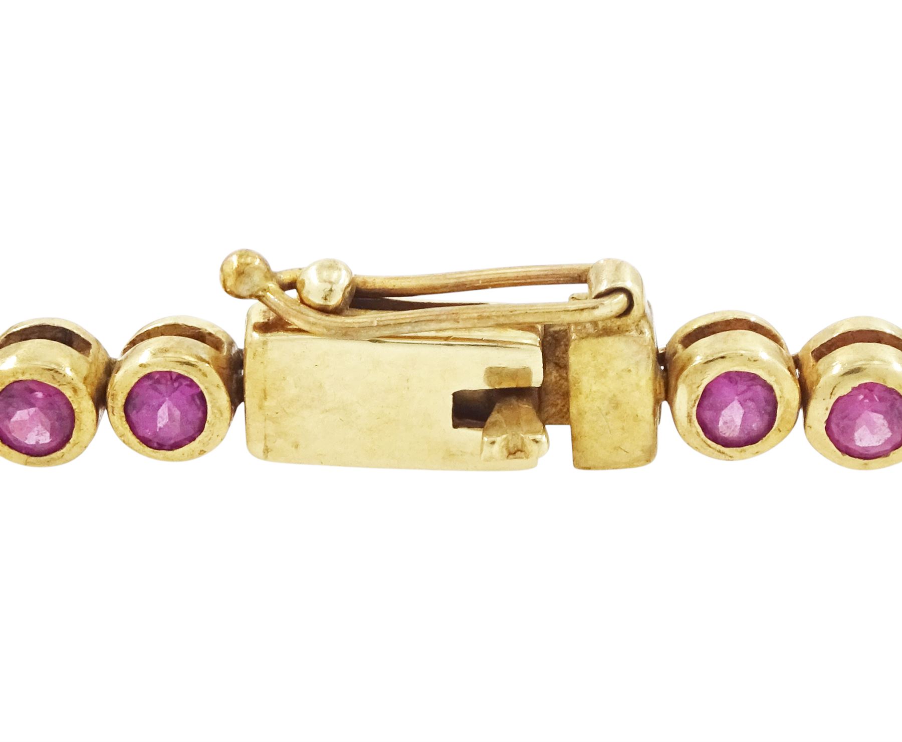 9ct gold garnet bracelet, bezel set with forty-four round cut garnets, hallmarked
