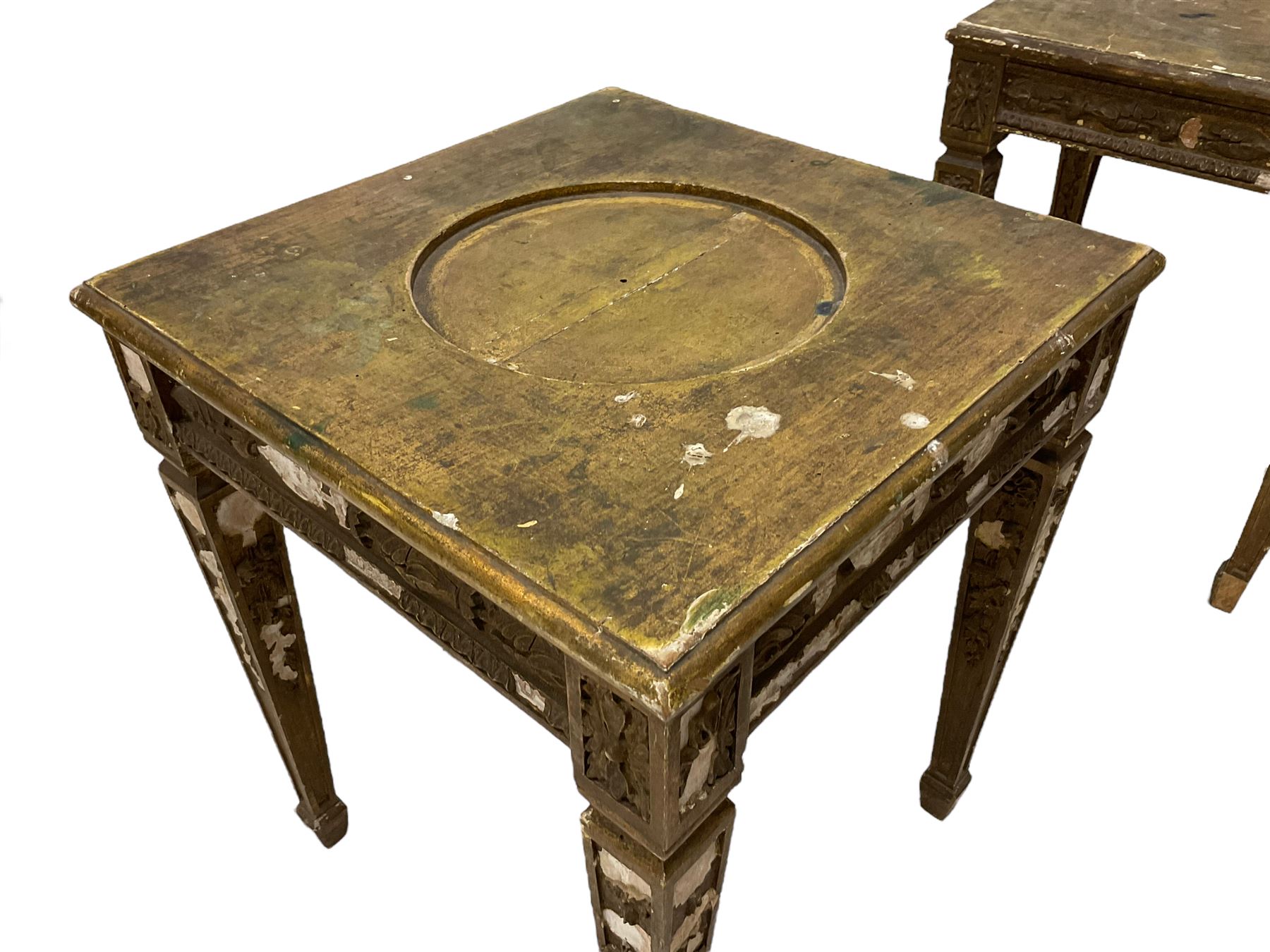Pair of 20th century giltwood and gesso vase or lamp side table, the moulded square top with circular central recess, decorated with applied foliage and flower head mouldings, on square tapering supports with spade feet