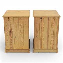 Pair of late 20th century waxed pine bedside chests, three drawers with moulded edges and turned pulls, raised on a plinth base 