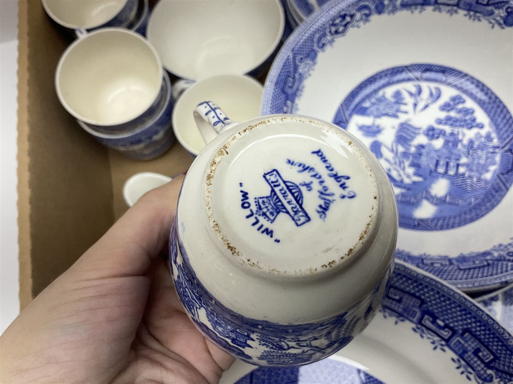 Shelley Maytime pattern sauce boat and saucer, Hornsea vases, blue and white Willow pattern dinner wares and a collection of other ceramics and glassware, in four boxes 