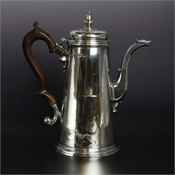 George II provincial silver coffee pot, of tapering cylindrical form, with wooden scroll c...