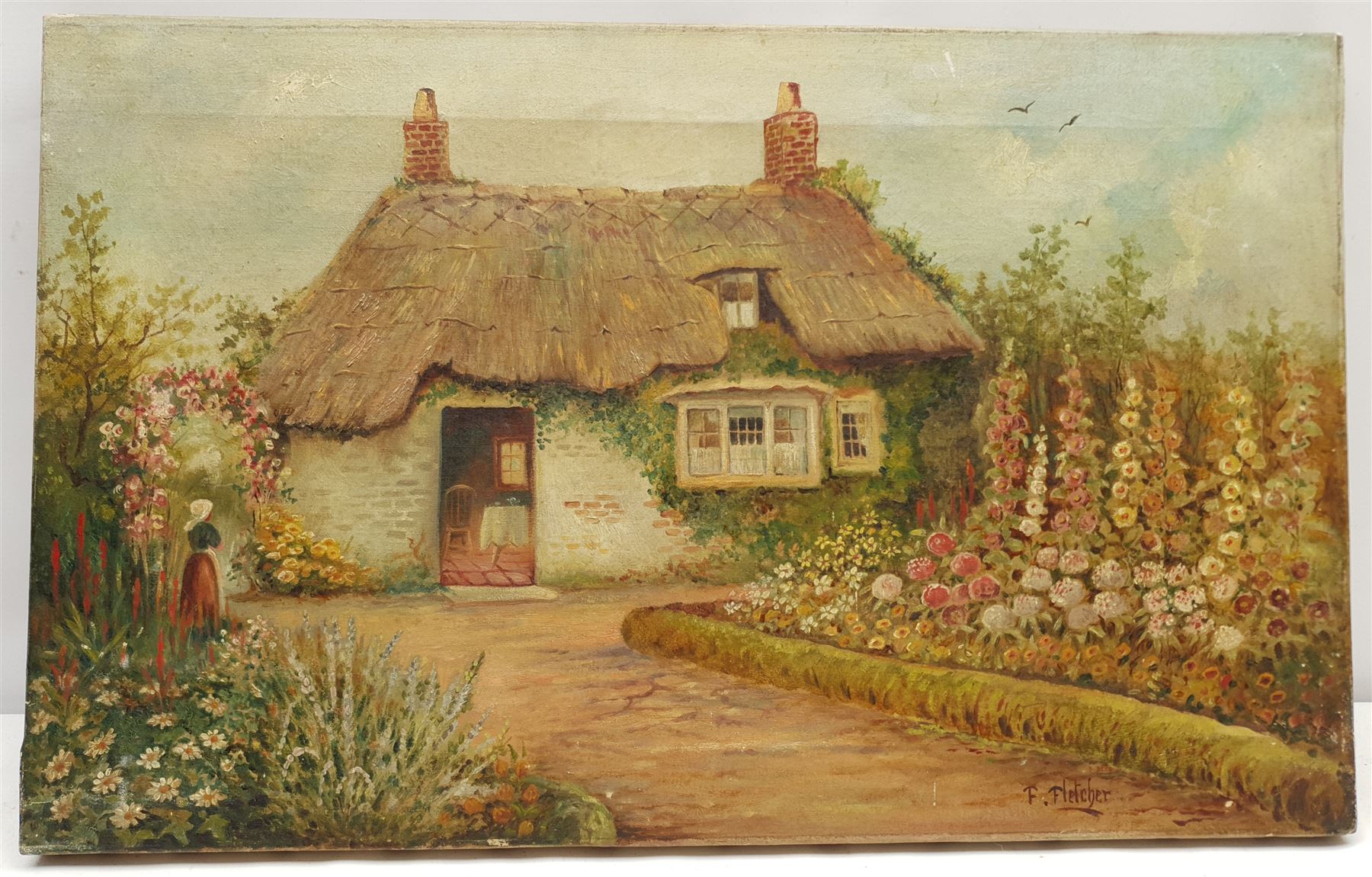 John Syer Jnr (British 1846-1913): Sheep on a Country Lane, oil on board signed 33cm x 44cm; F Fletcher (19th century): Country Garden, oil on canvas signed 40cm x 63cm (unframed) (2)