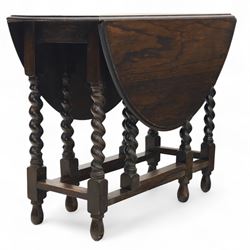 20th century oak gateleg table, with oval fold-out top supported on turned barley twist legs and stretchers (Extended 116cm)