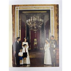HM Queen Elizabeth II and HRH the Duke of Edinburgh, 1967 Christmas card with two gilt cyphers to front, tipped-in colour print of the Royal Family standing under an archway in Buckingham Palace, signed Elizabeth R and Philip with manuscript date 1967 below