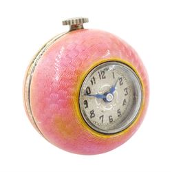 Early 20th century ladies keyless cylinder ball watch, silvered dial with Arabic hour markers and pink guilloche enamel decoration