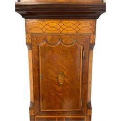 John Stonehouse of Leeds - mahogany 8-day longcase clock with a painted oval dial c1830, hood with a swans necked pediment and profuse contrasting inlay to both the hood and case, oval hood door with flanking pilasters and Corinthian capitals, conforming case with canted corners and short triple spire door, broad plinth with matching inlay and canted corners on shallow base, dial depicting masonic regalia, symbols, and pictorial depictions of the humanities, faith, hope, charity and righteousness, black chapter with white roman Arabic’s, date recorder and matching “crown” hands, dial pinned to a rack striking movement with a recoil anchor escapement, striking the hours on a coiled underslung gong. With weights and gridiron pendulum. 
This clock case is of large, impressive dimensions and was almost certainly commissioned for a large masonic lodge in Leeds, a rare and unique example.