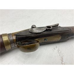 Late 18th century 7.2mm (approx. .28 calibre) Girandoni system single shot reservoir air rifle, the 62cm steel barrel with swivelling two-leaf rear sight, brass breech decorated with a sunburst and lever opening top loading, engraved steel lock-plates marked 'S. Gaskell' to the right side underneath the cocking lever, brass trigger guard,  leather covered steel butt reservoir of tapering conical form with brass ferrule and walnut fore-stock with horn mounts L107cm overall