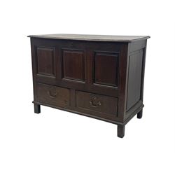 Early 18th century oak mule chest, hinged rectangular top above three recessed panels and two drawers, each fitted with brass drop handles, open interior fitted with candle box compartment, raised on square supports