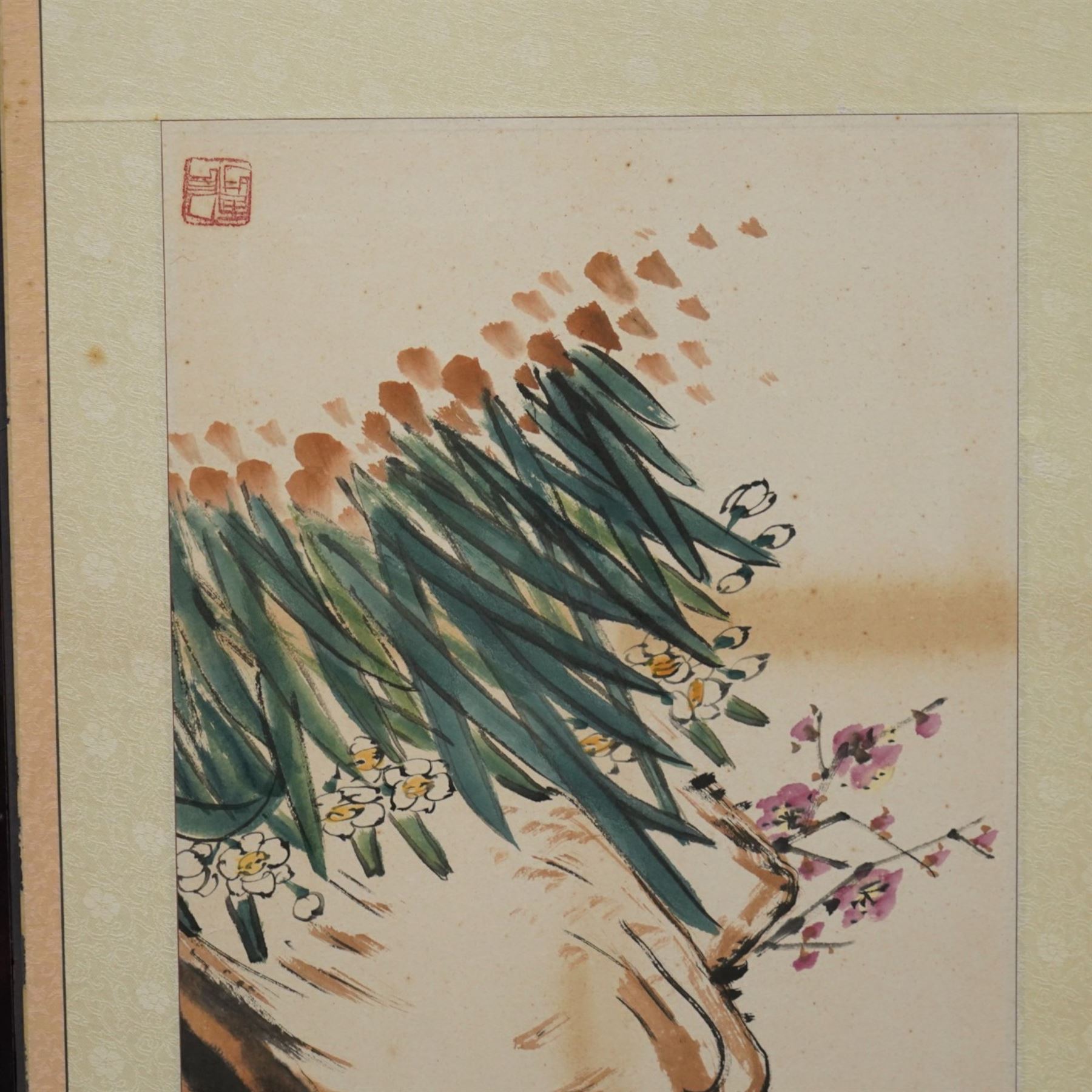 Large 20th century eight panel folding screen decorated with Chinese watercolours of blossoming trees, the watercolours backed onto foliate patterned silk panels, each inscribed and signed with artists seal, with navy fabric to the opposing side, each panel measuring 47cm x 163cm