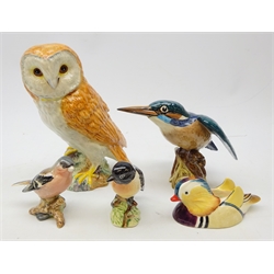  Beswick Birds: Peter Scott 'Mandarin Duck' no. 1519-1, Kingfisher, Barn Owl, Chaffinch and Stonechat (5)  