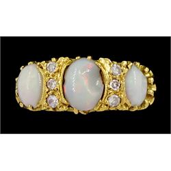 18ct gold three stone opal and six stone diamond ring, London 1966