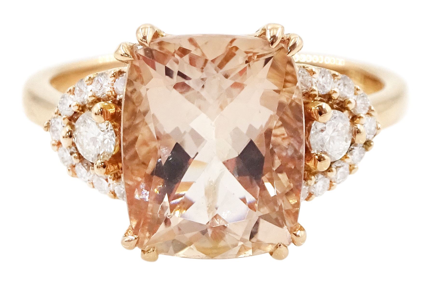 18ct rose gold radiant cut morganite and round brilliant cut diamond cluster ring, stamped 750, morganite approx 3.05 carat