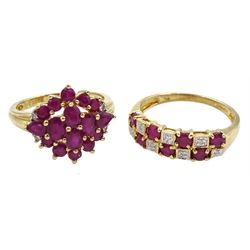 Gold ruby and diamond cluster ring and a ruby and diamond two row half eternity ring, both hallmarked 9ct