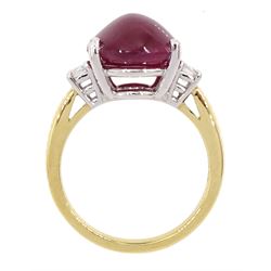 18ct gold three stone cabochon ruby and round brilliant cut diamond ring, hallmarked, ruby approx 9.95 carat