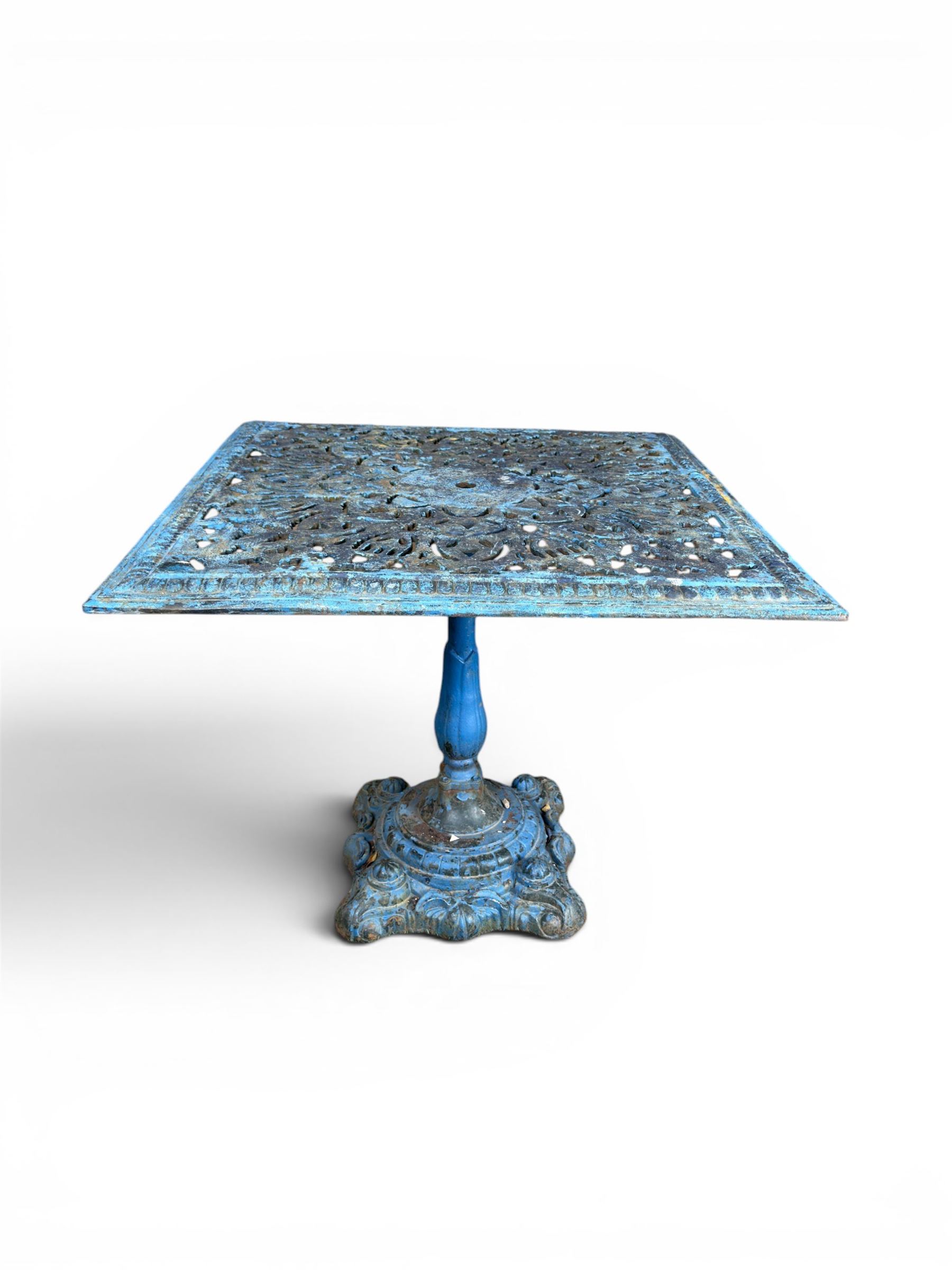 Victorian revival ornate cast iron garden table, pierced square top, pedestal base, finished in distressed blue paint