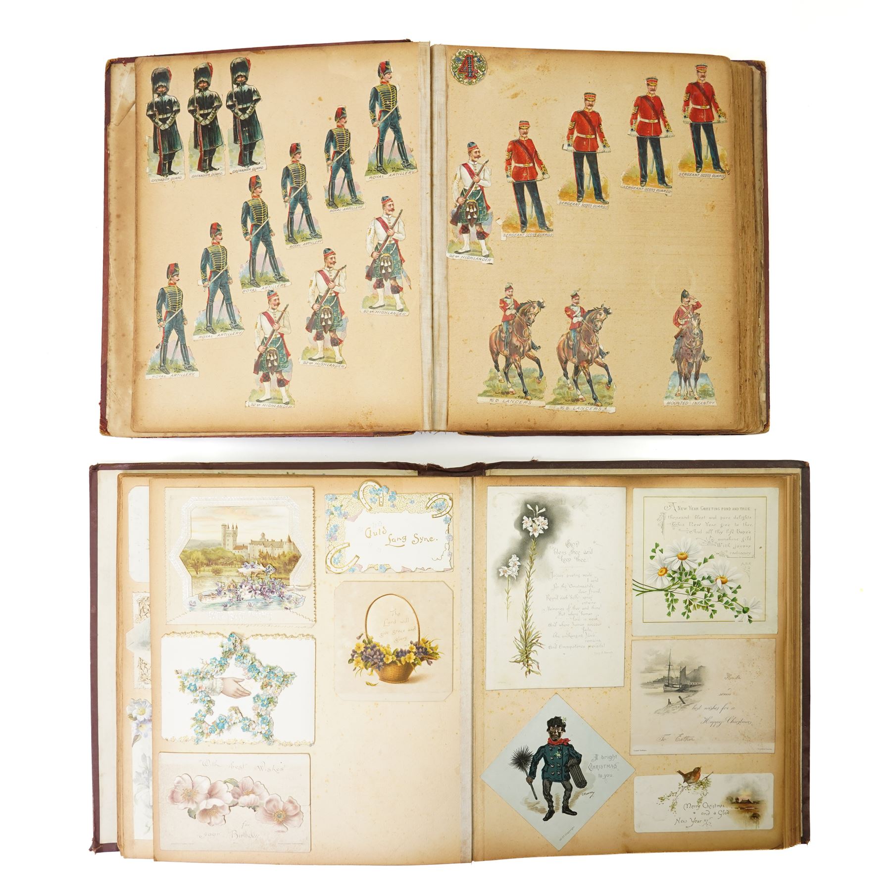 Victorian greetings card album and a scrap book with military and other scraps (2)