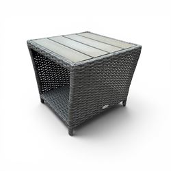 Jutlandia - Rattan garden furniture set with cushions, corner sofa, rectangular glass top table, side table, and two armchairs