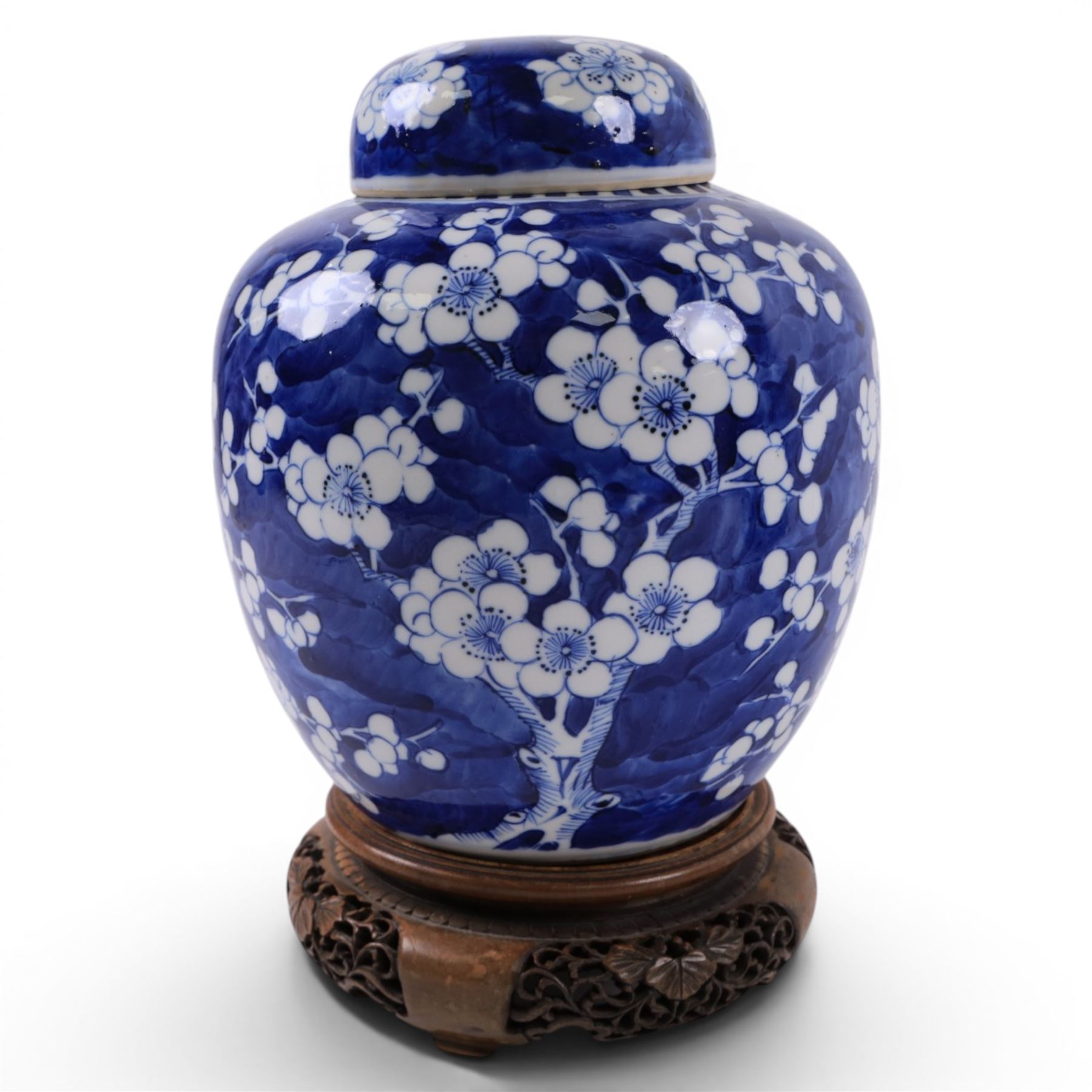 20th century Chinese blue and white porcelain prunus blossom ginger jar with cover with stand, together with another similar 