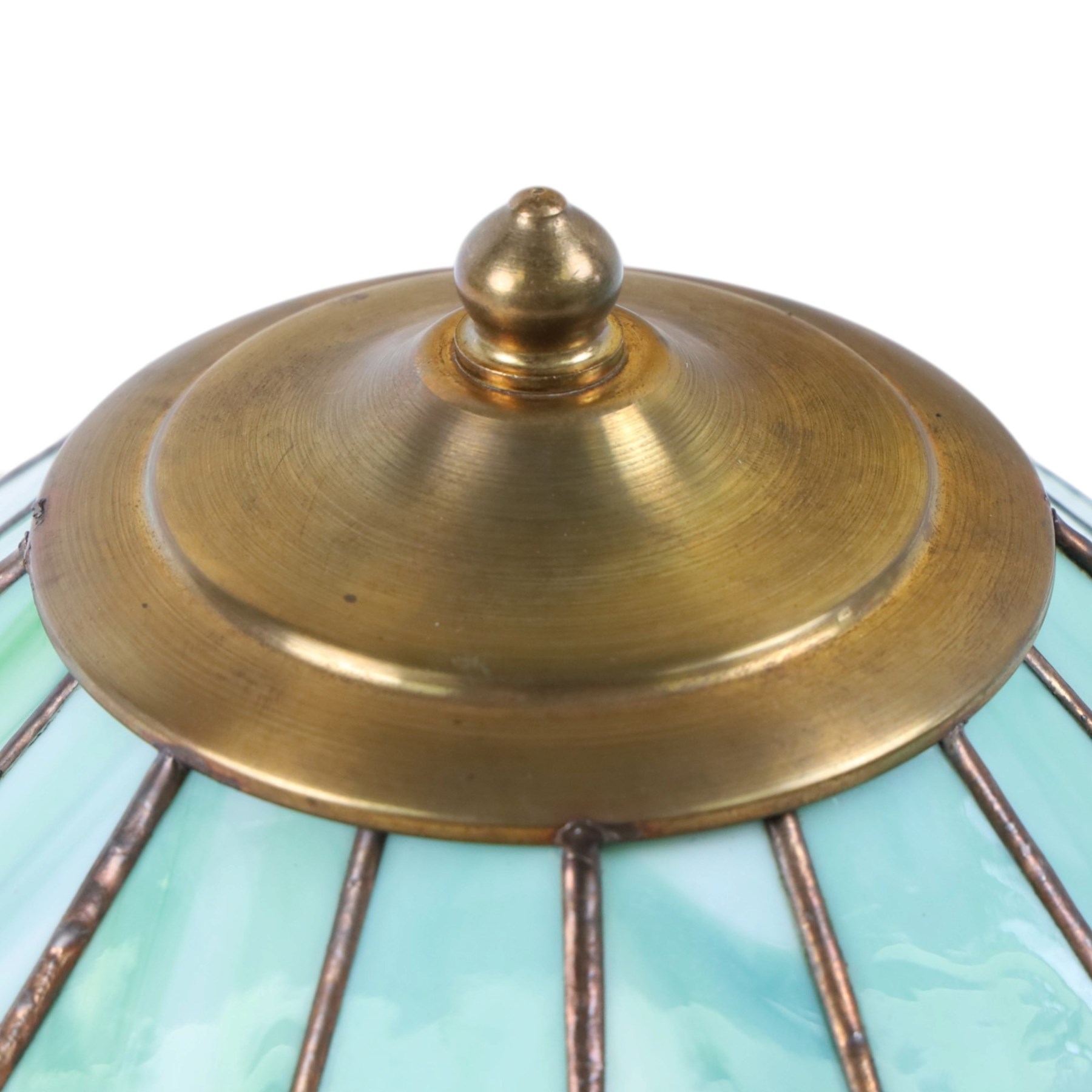 Pair of Tiffany style green stained glass shades with geomatic design, D50cm