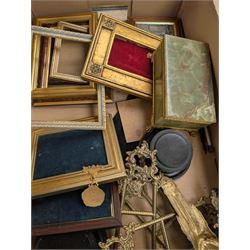 Brass easels, onyx box, frames, costume jewellery, pen nibs, etc, in two boxes